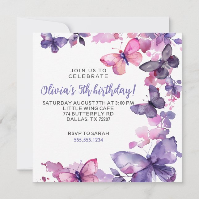 Lila Watercolor Butterfly Girl's Birthday Inbjudningar (Framsida)