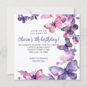 Lila Watercolor Butterfly Girl's Birthday Inbjudningar