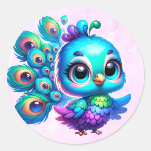 Lila Watercolor Cute Peacock Girl Baby Shower Runt Klistermärke