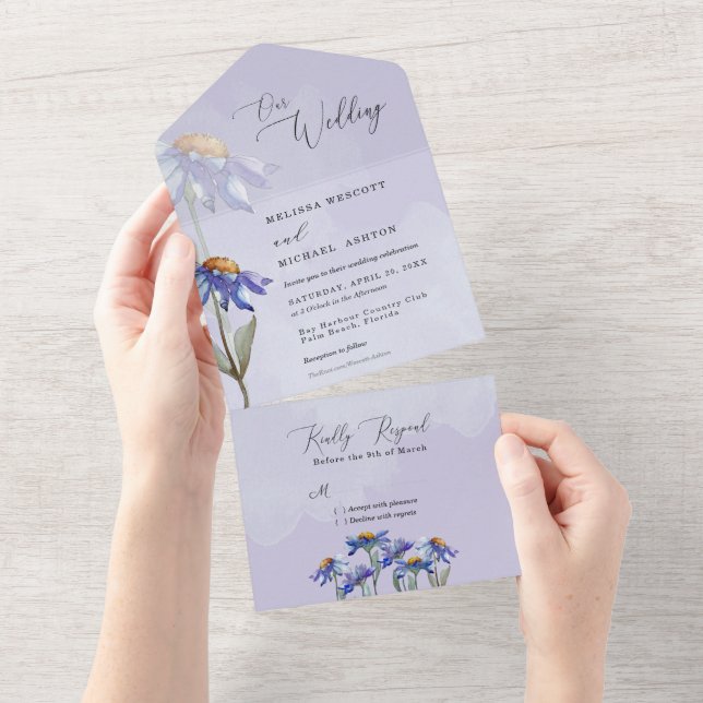 Lila Watercolor Daisys Modern Rustic Bröllop (Avrivbar del)