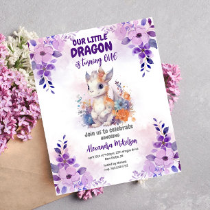 Lila Watercolor Dragon Baby 1:a födelsedag Inbjudningar