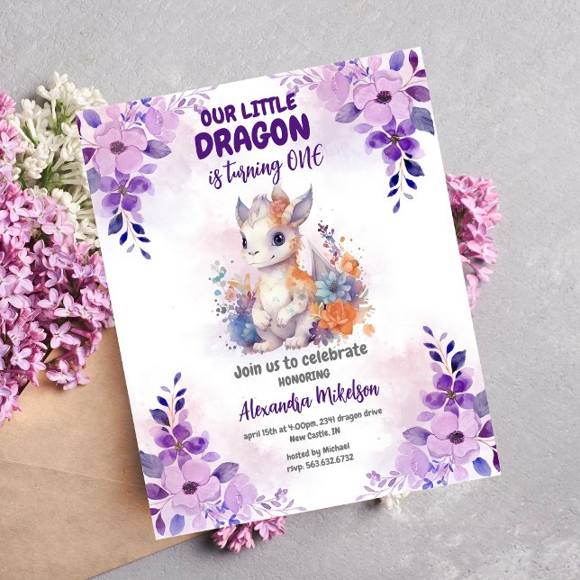 Lila Watercolor Dragon Baby 1:a födelsedag Inbjudningar (Create Magic with Cute Watercolor Dragon Baby 1st Birthday Invitation )