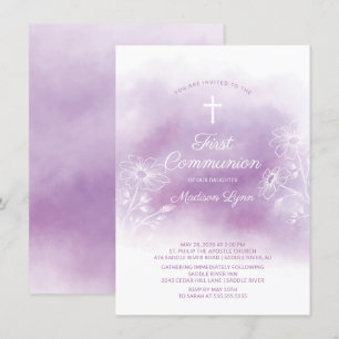 Lila Watercolor First Communion Inbjudningar