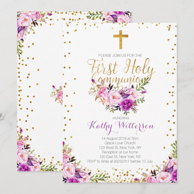Lila Watercolor First Heliga Communion-inbjudan Inbjudningar (Fram/baksida)