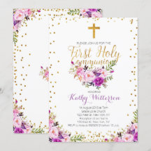 Lila Watercolor First Heliga Communion-inbjudan