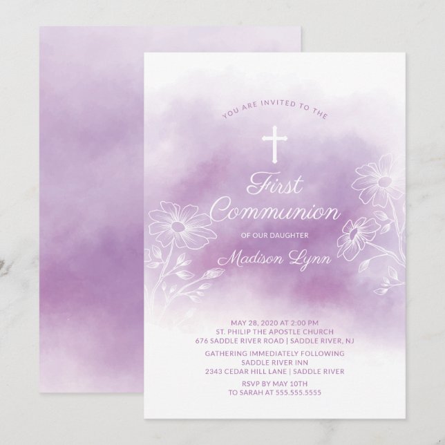 Lila Watercolor First Heliga Communion Inbjudningar (Fram/baksida)