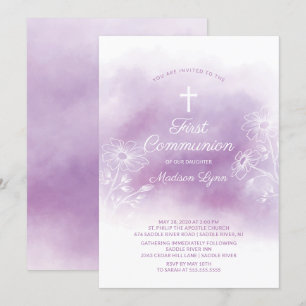 Lila Watercolor First Heliga Communion Inbjudningar