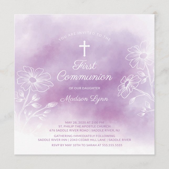 Lila Watercolor First Heliga Communion Inbjudningar (Framsida)
