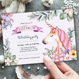 Lila Watercolor Flower Unicorn Girl Birthday Inbjudningar