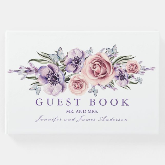 Lila Watercolor Flowers Bröllop Guest Bok (Framsida)