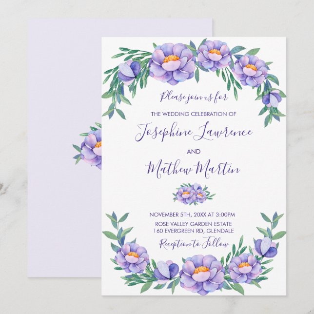 Lila Watercolor Flowers Bröllopsinbjudningar Inbjudningar (Fram/baksida)