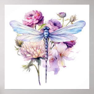 Lila Watercolor Flowers & Dragonfly Poster