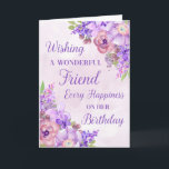 Lila Watercolor Flowers Friend Birthday Card Kort<br><div class="desc">Födelsedagskort för vän med lila vattenfärgblommor och tankfull vers.</div>