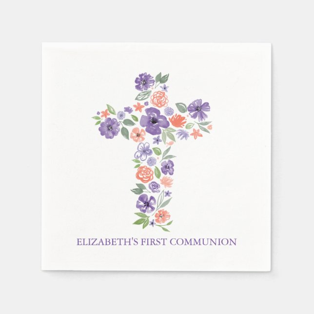 Lila Watercolor Flowers Kor First Communion Pappersservett (Framsidan)