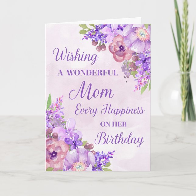 Lila Watercolor Flowers Mamma Birthday Kort (Framsida)