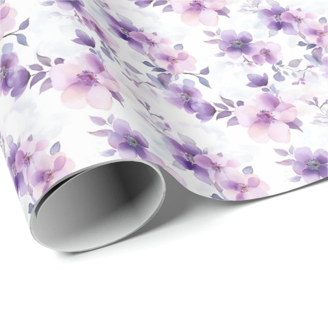 Lila Watercolor Flowers on White Presentpapper (Rullad Hörn)