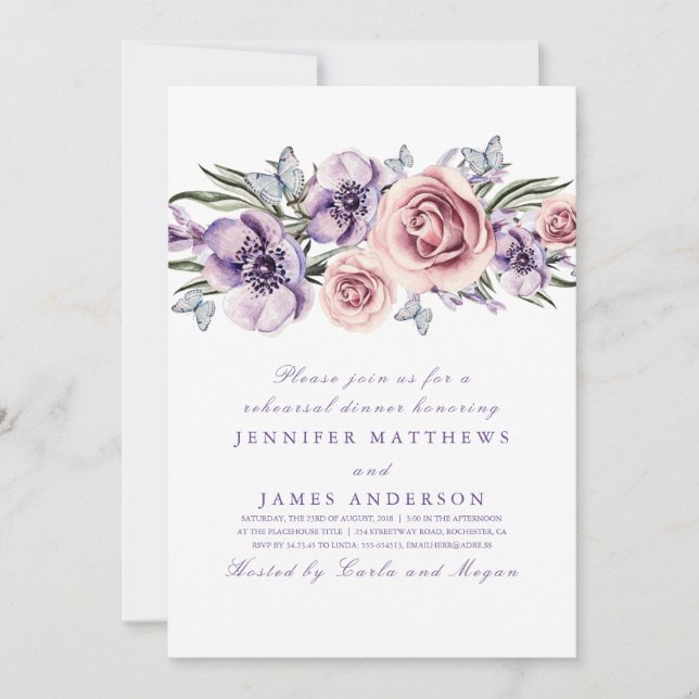 Lila Watercolor Flowers Rehearsal Dinner Card Inbjudningar (Framsida)