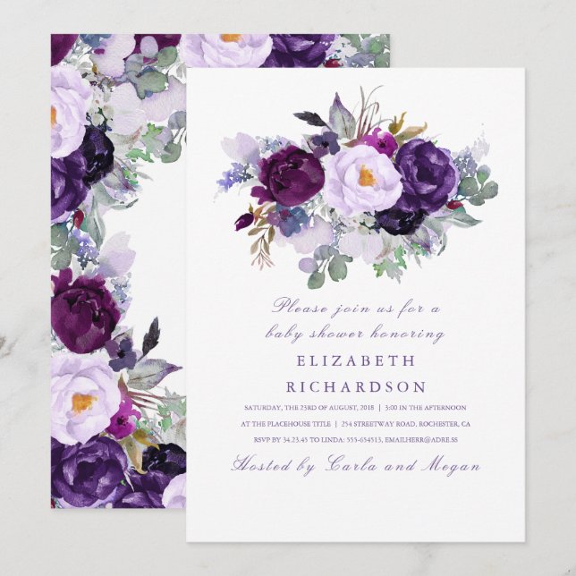 Lila Watercolor Flowers Romantic Baby Shower Inbjudningar (Fram/baksida)