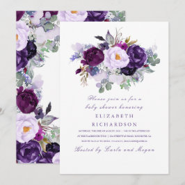 Lila Watercolor Flowers Romantic Baby Shower Inbjudningar