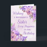 Lila Watercolor Flowers Sister Birthday Card Kort<br><div class="desc">Födelsedagskort för syster med lila vattenfärgblommor och tankfull vers.</div>