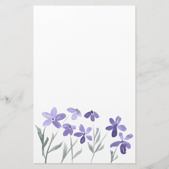 Lila Watercolor Flowers Stationery Brevpapper (Framsida)