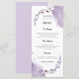 Lila Watercolor Foliage Text Bröllop Meny