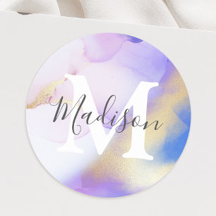 Lila Watercolor Glam Personlig Namn Monogram Runt Klistermärke