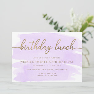 Lila Watercolor Guld Birthday Lunch Investigation Inbjudningar