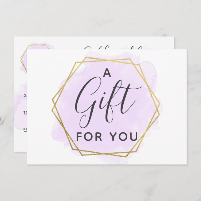 Lila Watercolor & Guld Gift Certificate Card Inbjudningar (Fram/baksida)