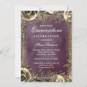 Lila Watercolor Guld Glitter Blommigt Quinceanera Inbjudningar