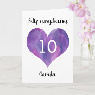 Lila Watercolor Heart Spansk 10:e födelsedagskort Kort