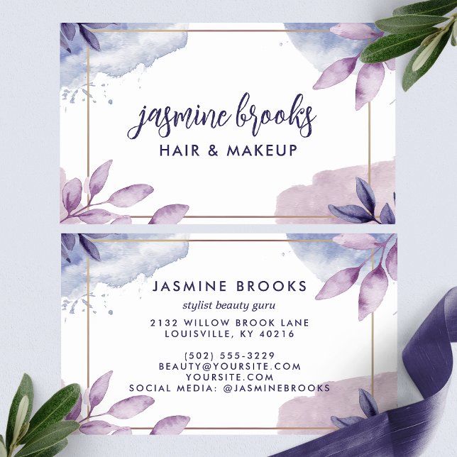 Lila Watercolor Löv Guld Ram Visitkort (Skapare uppladdad)