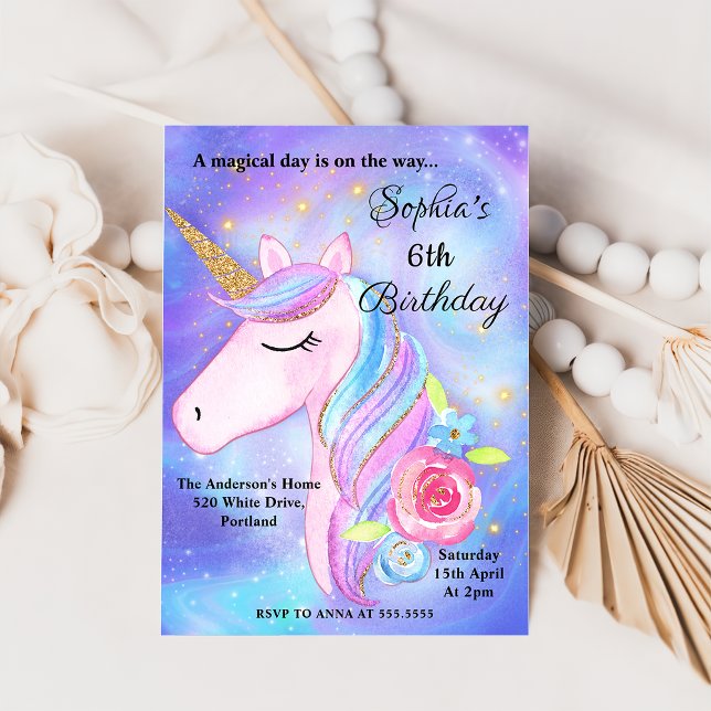 Lila Watercolor Magic Unicorns Födelsedagsfest Inbjudningar (Skapare uppladdad)