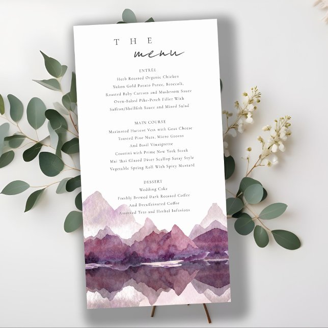 Lila Watercolor Mountain Sjö Bröllop Menu Tack Kort (Skapare uppladdad)