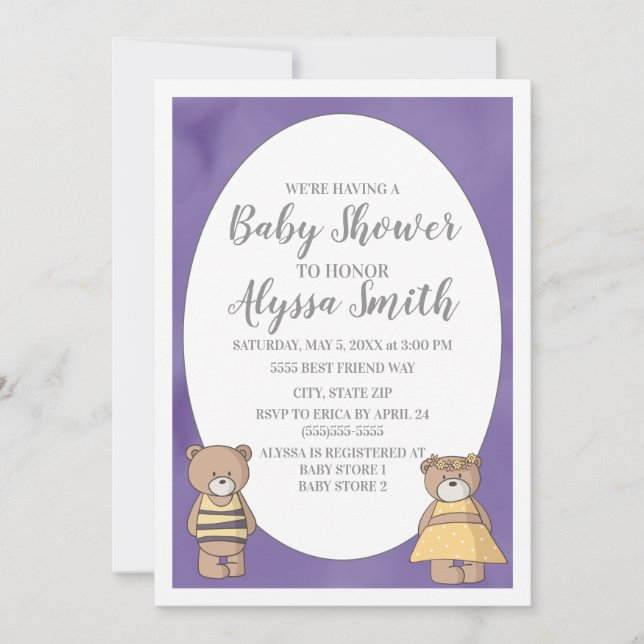 Lila Watercolor Nalles Baby Shower Inbjudningar (Framsida)