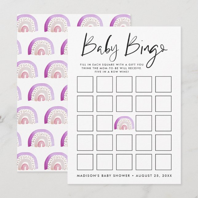 Lila Watercolor Rainbow Baby Shower Bingo Card (Fram/baksida)
