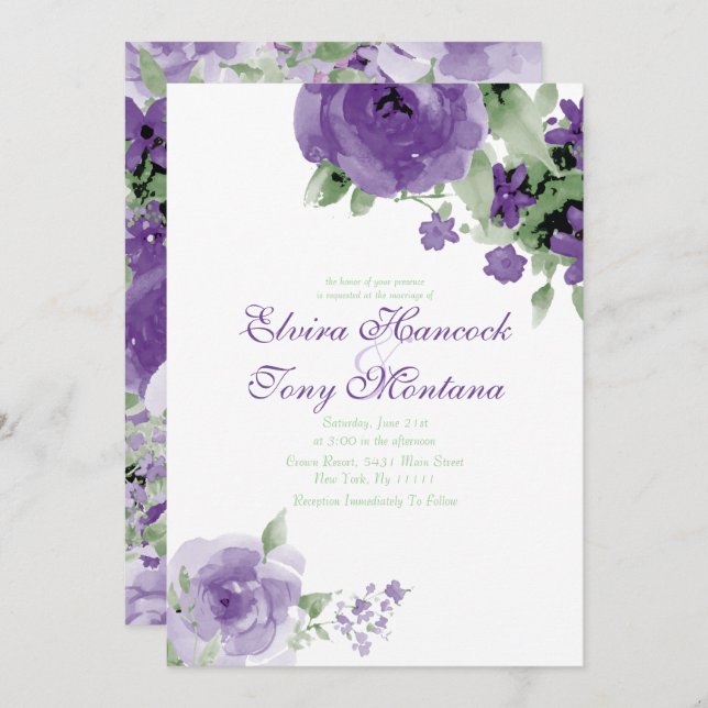 Lila Watercolor Ro, bröllopsinbjudningar Inbjudningar (Fram/baksida)