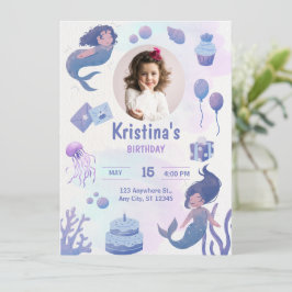 Lila Watercolor Sjöjungfru Birthday-inbjudan Inbjudningar