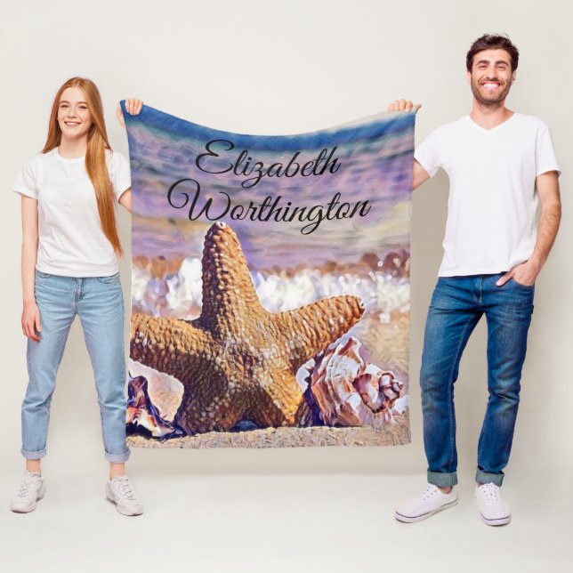 Lila Watercolor Starfish Seashells Painting Fleecefilt (På plats)