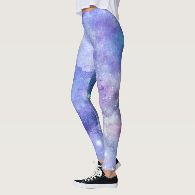 Lila Watercolor Starry Himlar Space Älskare Galaxy Leggings (Vänster)