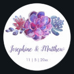 Lila Watercolor Succulents Wedding Stickers Runt Klistermärke<br><div class="desc">De här bröllopsklistermärkena har lila vattenfärgssucculents. Du kan anpassa dessa klistermärken med namn och bröllop-datumet. Klicka på knappen "Anpassa" om du vill ha fler alternativ om du vill ändra texten storlek eller om du vill lägga till ytterligare text. Dessa klistermärken är idealiska för använda som klistermärken eller för att dekorera...</div>
