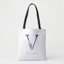 Lila Watercolor V Monogram Blommigt Tote Bag