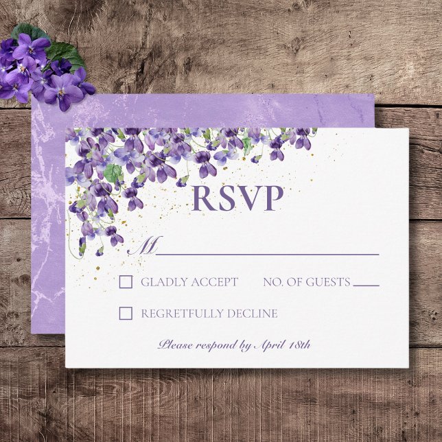 Lila Watercolor Violets Bröllop OSA Kort (Rustic Purple Violets Gold Sparkle Wedding Response Card)