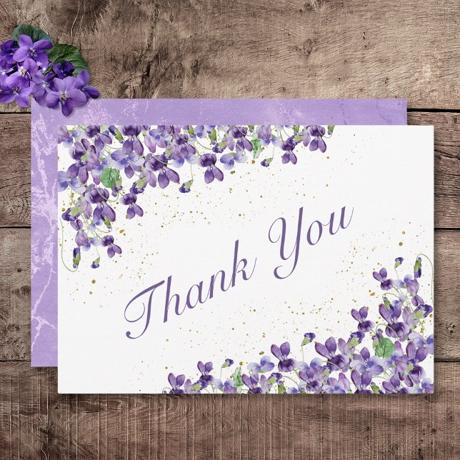 Lila Watercolor Violets Bröllop Tack Kort (Rustic Purple Violets Gold Sparkle Wedding Thank You Card)