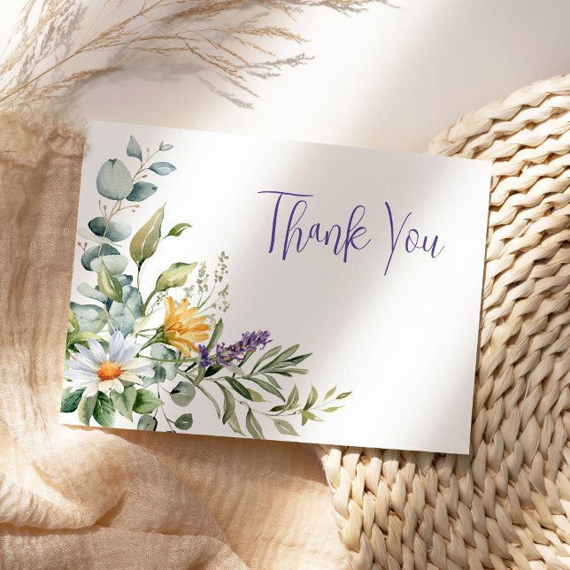 Lila Watercolor Wildblommor Tack Kort (Create your own watercolor wildflowers thank you flat card.)