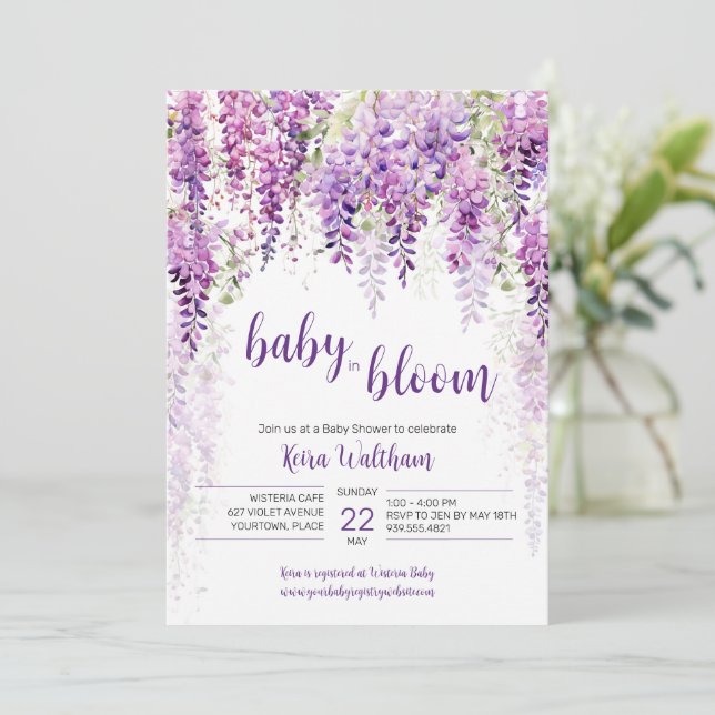 Lila Watercolor Wisteria Baby Shower Inbjudningar (Stående Fram)
