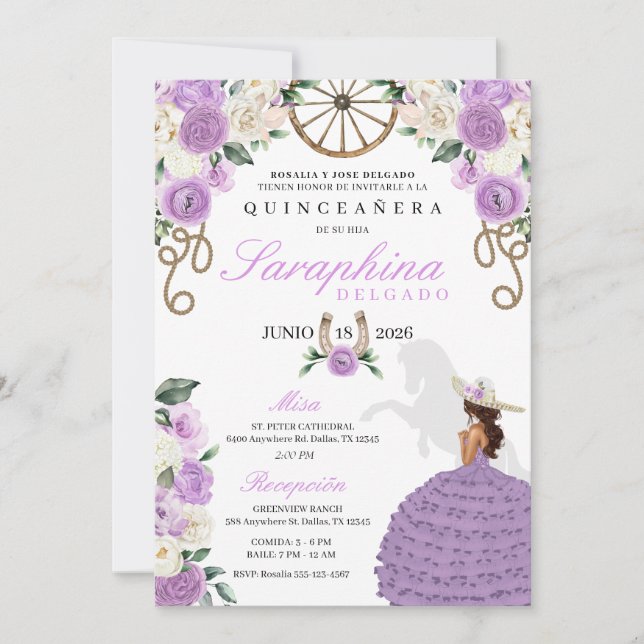 Lila Western Cowgirl Ropes & Ro Quinceañera Inbjudningar (Framsida)