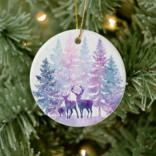 Lila Whimsical Deers Skogs Julgransprydnad Keramik