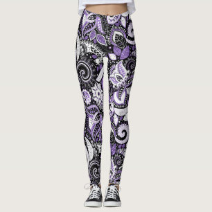 Lila White Black Paisley Skriv ut Mönster Leggings
