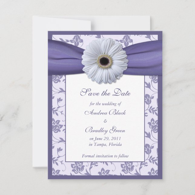 Lila White Blommigt Damask Save Date Card Spara Datumet (Framsida)
